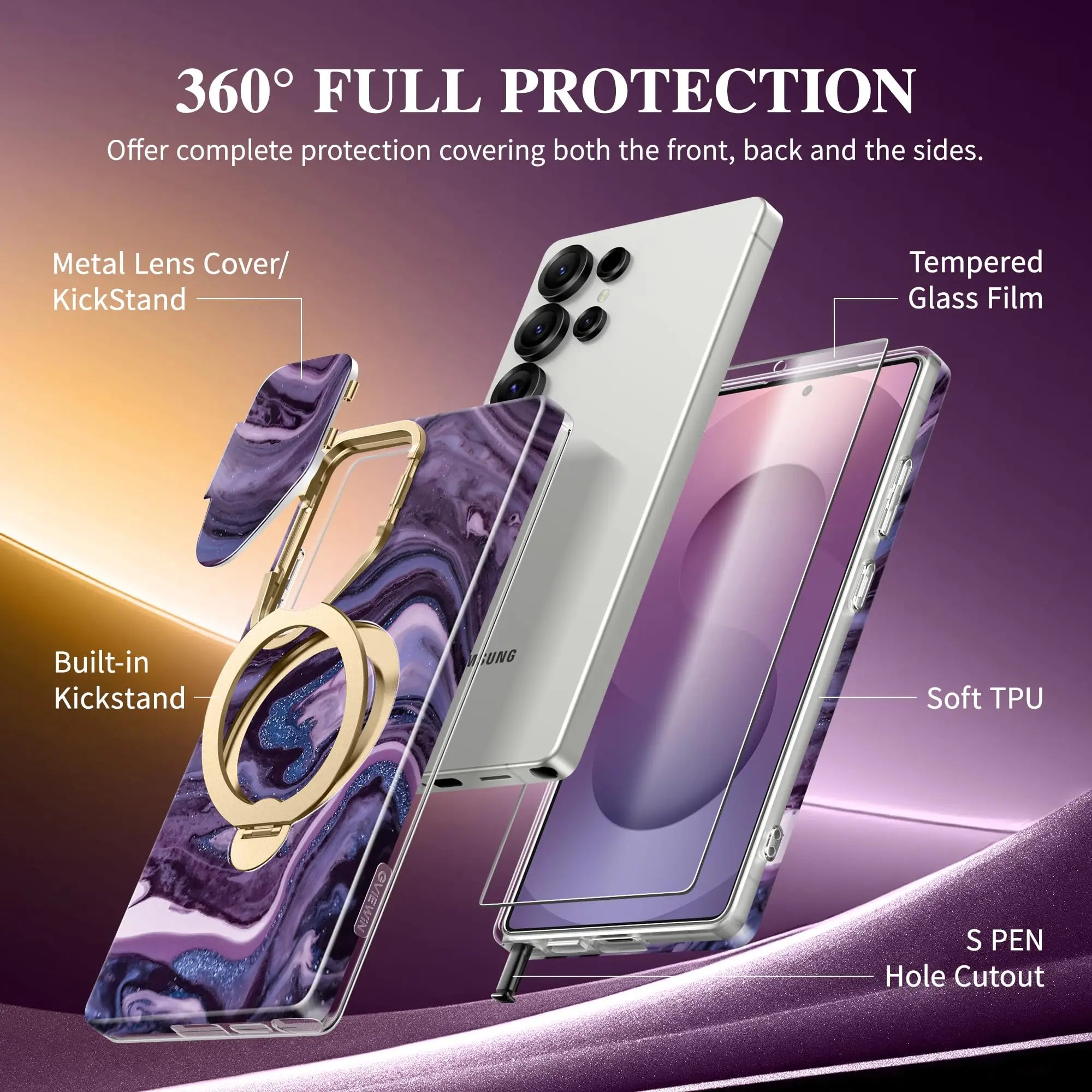 360° Spin  Stand for Samsung Galaxy S25 Ultra Case with Magsafe Marble Military Grade Protective Phone Cover