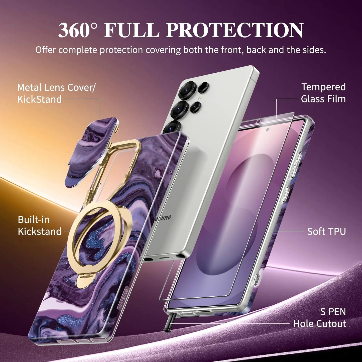 360° Spin  Stand for Samsung Galaxy S25 Ultra Case with Magsafe Marble Military Grade Protective Phone Cover