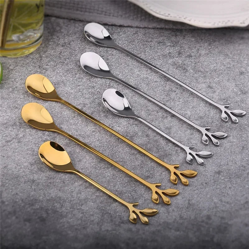 Gold Leaf Spoon for Stirring Tea Coffee Mixing Spoons Stainless Steel Tableware for Dessert Fruit Christmas Gift Home Decoratons