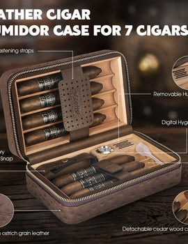 Cigar Humidor Box Cigar Lighter Cedar Wood Lined Leather Cigar Case Built in Hygrometer Humidifier with Cigar Holder Kit