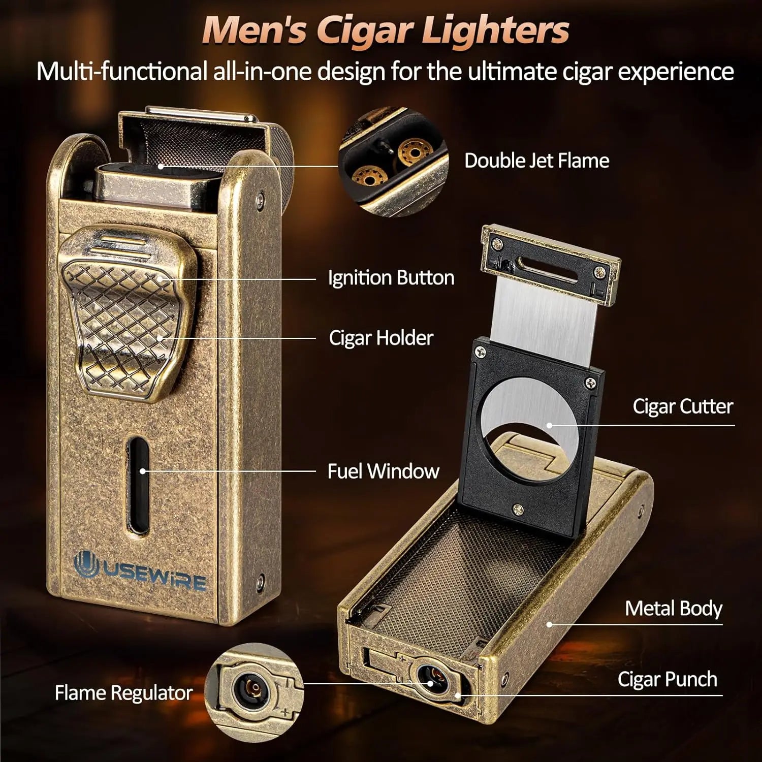 Leather Cigar Humidor with Cigar Lighter,Built-in Straight Cigar Cutter and Cigar Punch,Humidifier and Cedar Tray