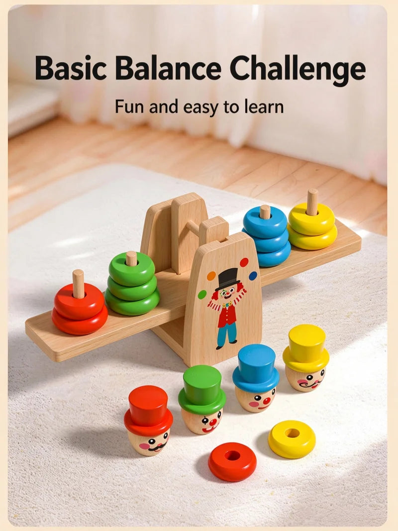 Wooden Clown Balance Scale and Stacking Rings Educational Toy