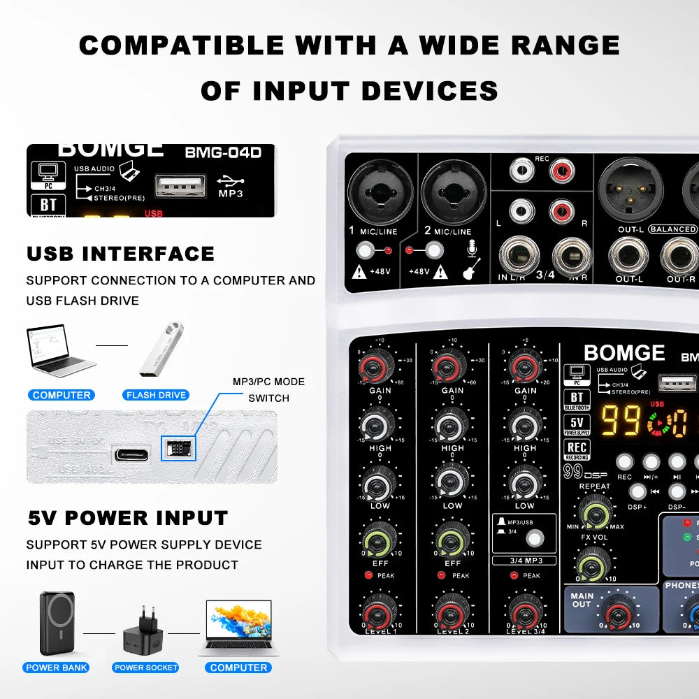 4 Channel Audio Mixer Console with USB 48V Phantom Power and 99 DSP Effects