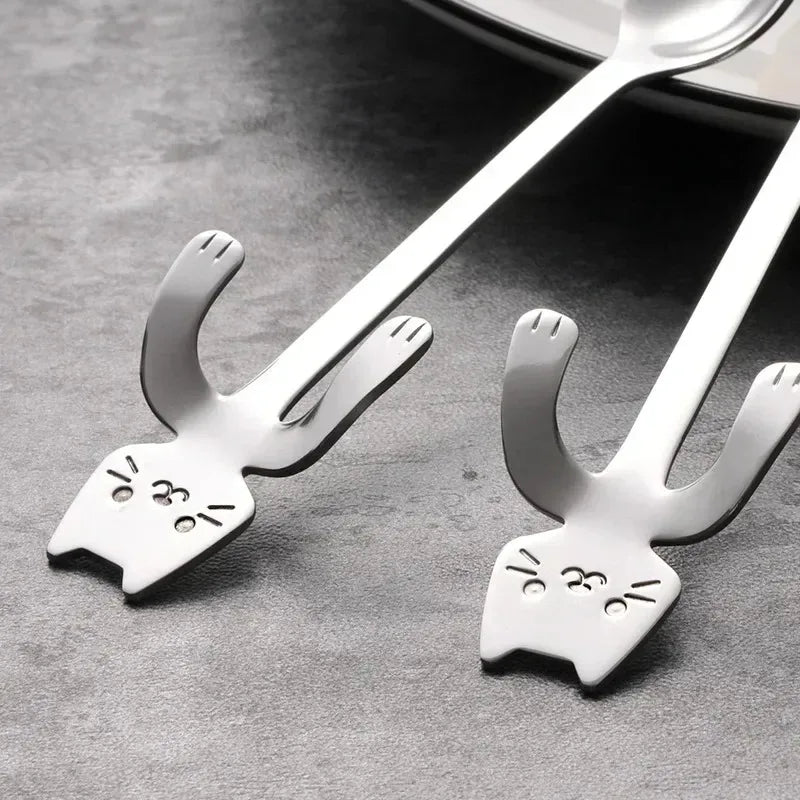 Cartoon Cat Coffee Spoon Stainless Steel Teaspoons Dessert Ice Cream Spoons Mini Cute Cat Shape Scoops Flatware Kitchen Gadgets