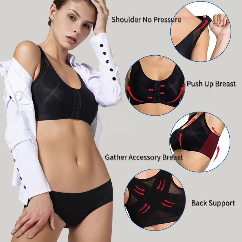 Front Closure Posture Bra Full Coverage Back Support Wireless Comfortable Underwear Push Up Breast Shapewear Tops Female