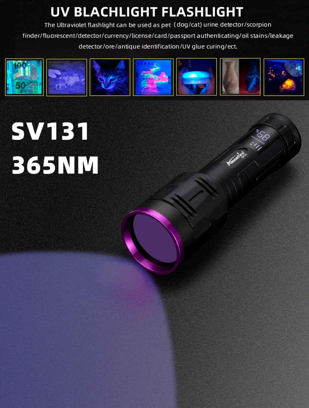 20W 365nm UV Rechargeable Blacklight Flashlight With LCD Display