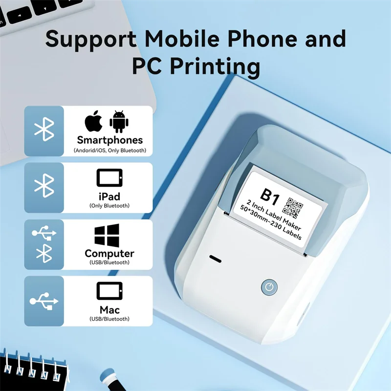 B1 Thermal Label Printer, Bluetooth Portable Sticker Maker 20–50mm, Inkless Barcode Price Tag Label Machine for Business & Food