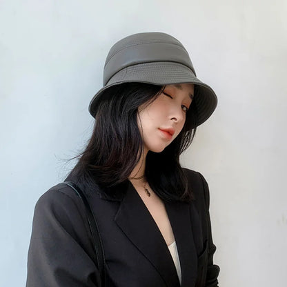 Bucket Hat Big Sun Shade 100% Genuine Leather Fisherman Caps Female Chic Grey Basin Casquette Street