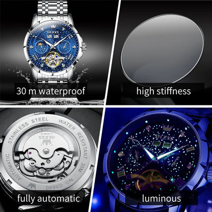 Automatic Watch Starry Sky Tourbillon Design Moon Phase Date Stainless steel Luminous Waterproof Wristwatch