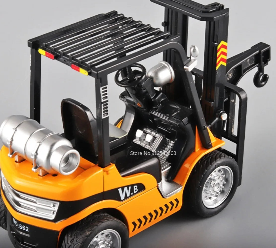 1:24 Crane Forklift Model Car Toy Diecast Metal Warehouse Lift Truck Sound Light Pull Back Adjustable Engineering Vehicle Models