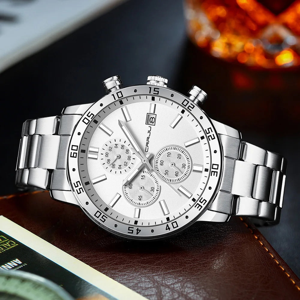 Fashion Mens Business Stainless Steel Band Quartz Watches with Calendar Chronograph Luminous Analog Wristwatch Man