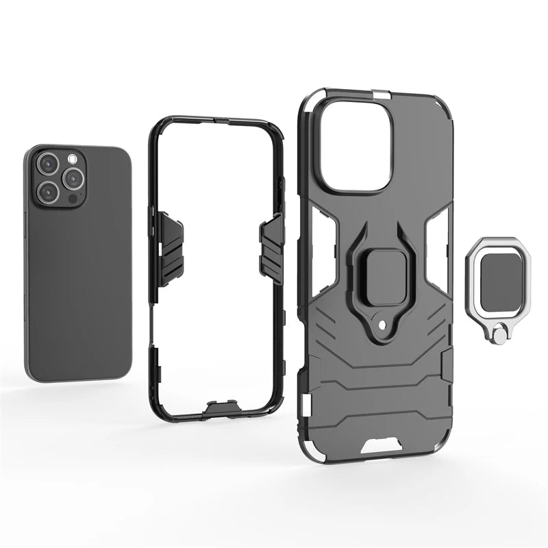 For iPhone 16 Pro Max Case For iPhone 16 Pro Max Cover Armor Silicone PC Finger Ring Stand Phone Shockproof Protector Case