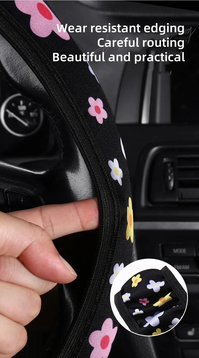 Floral Flannelette Car Steering Wheel Cover Anti Slip 38CM