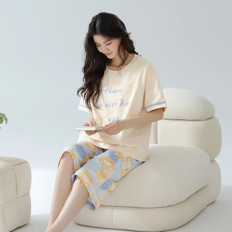 2-Pcs Women’s Cotton Pajama Set – Breathable Short Sleeve Summer Sleepwear with Cute Prints
