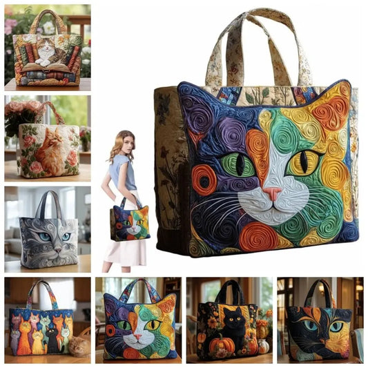 Cat Print Quilted Canvas Tote Bag Large Capacity Travel Shoulder Handbag