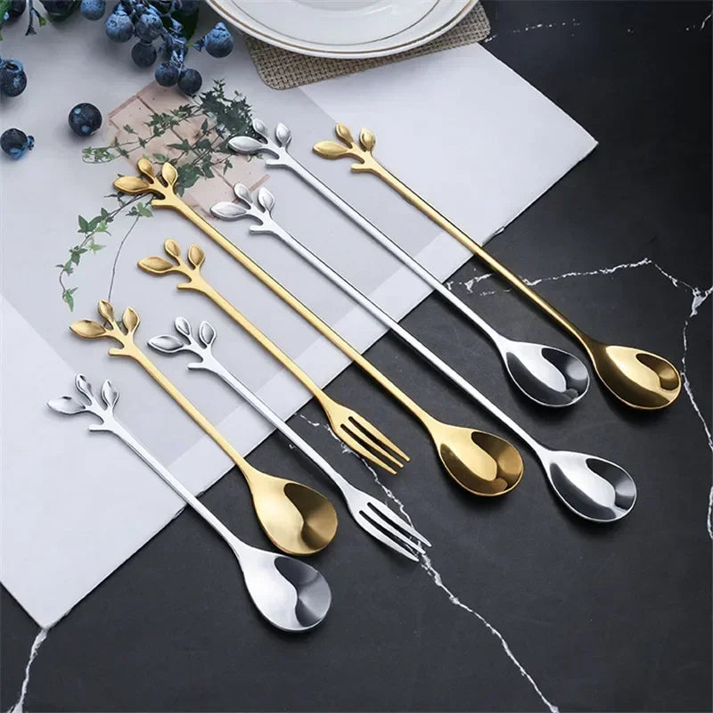 Gold Leaf Spoon for Stirring Tea Coffee Mixing Spoons Stainless Steel Tableware for Dessert Fruit Christmas Gift Home Decoratons
