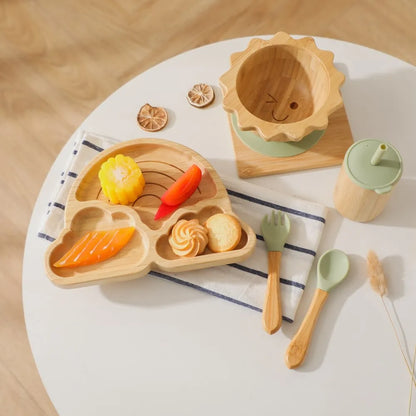 Baby Feeding Tableware Set With Silicone Suction Cups Kid Dinnerware Bowl Plate Fork Spoon Cup Baby Bamboo Feeding Supplies Gift