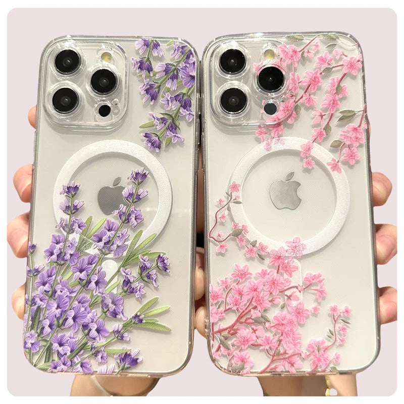 Floral Flower Transparent Magsafe  Phone Case iPhone 16 15 14 Pro Max 14 15 16 Plus Clear Wireless Charge Cover
