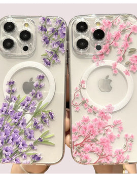 Floral Flower Transparent Magsafe  Phone Case iPhone 16 15 14 Pro Max 14 15 16 Plus Clear Wireless Charge Cover