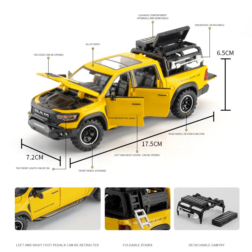 1:32 Dodge RAM 1000 TRX Mammoth Metal Diecast Alloy Car Model Car Central Control Decoration Ornaments Gift With Boyfriend Goods