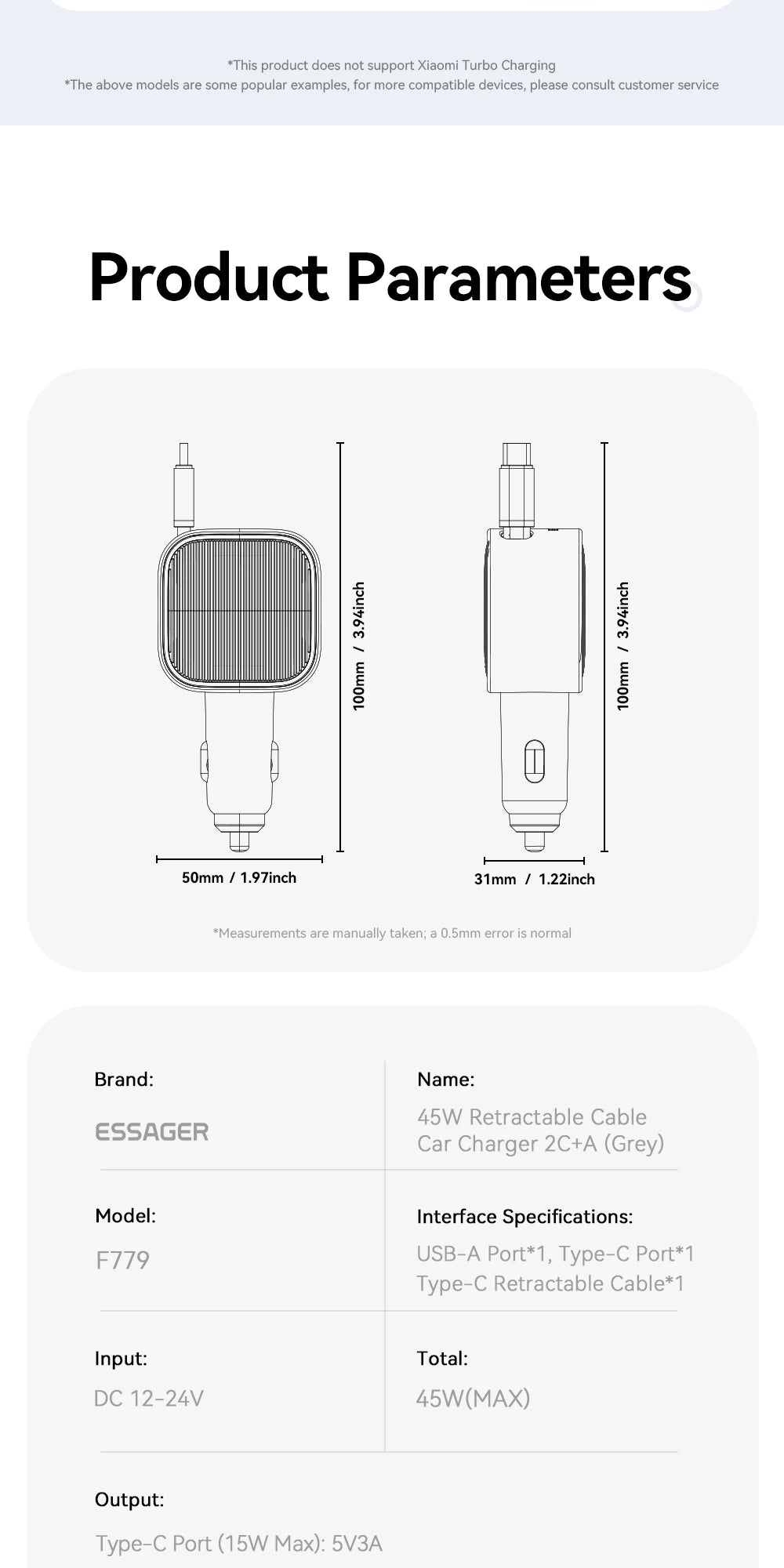 45W Car Charger with 75CM Retractable Cable PD Fast Charging USB C & USB A 3 Port Adapter