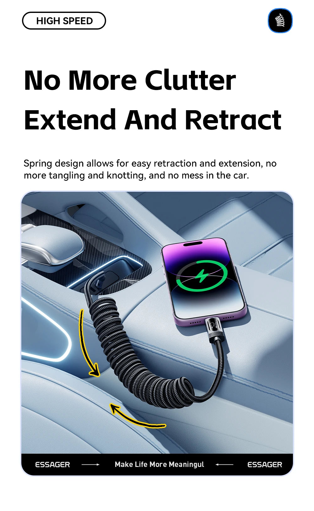 Car Spring USB-C to Lightning Fast Charging Cable with Digital Display