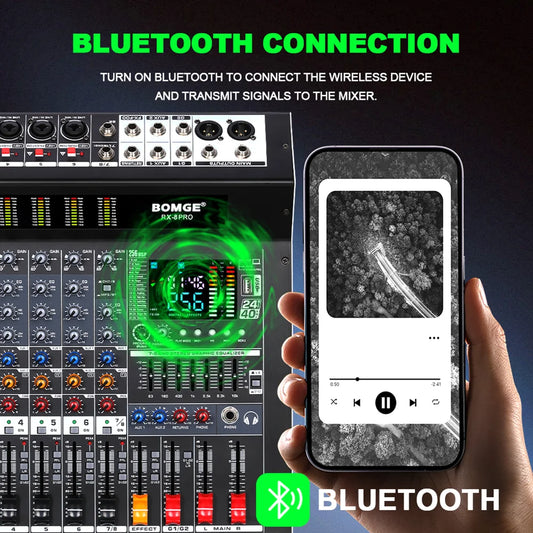 Professional 8 Channel Audio Mixer Console with USB Bluetooth and 256 DSP Effects