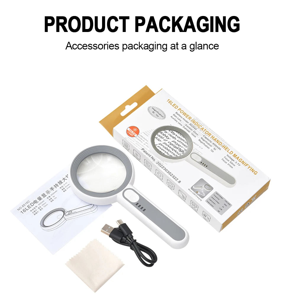 Rechargeable LED Magnifier 5X–12X Handheld with 3 Light Modes