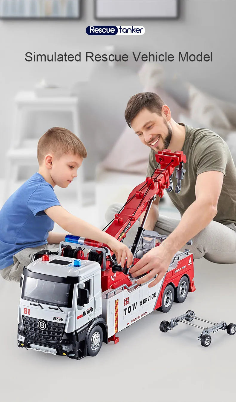 1/50 Scale Double Hook Rescue Crane Truck Alloy Model Toys Metal Diecast Engineering Vehicle Sound Light Gifts for Boys Birthday