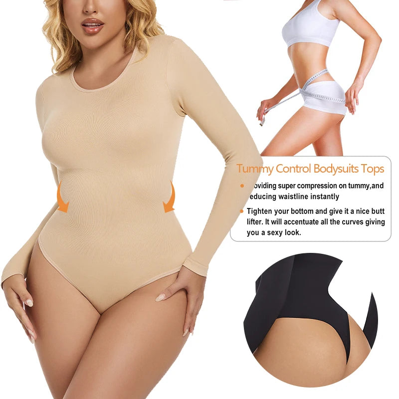 Shapewear Bodysuit Women Body Shaper Tummy Control Long Sleeve Open Crotch Crew Neck Seamless Shapers