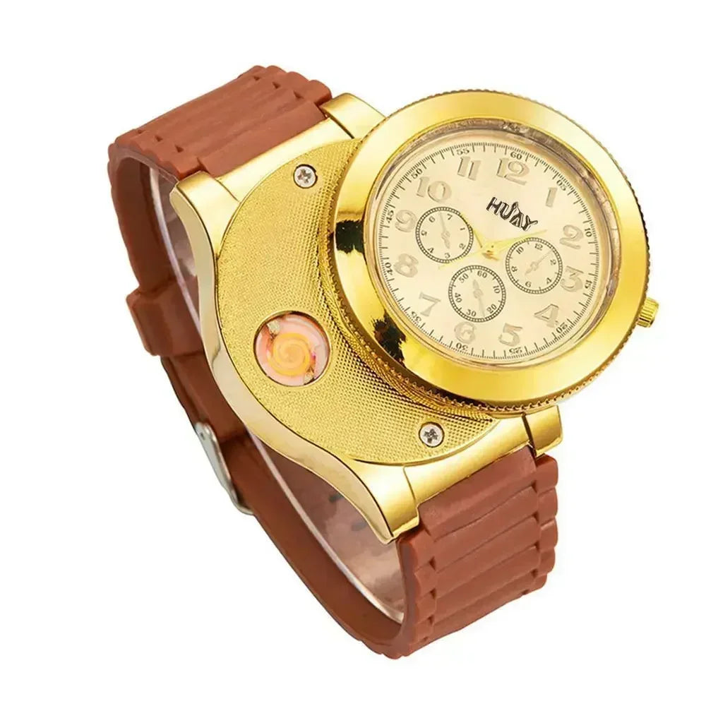 Silent Heating Wire Quartz Electronic Watch Lighter Metal Multifunction Cigarette Lighter USB Charging Silicone Watch Men's Gift