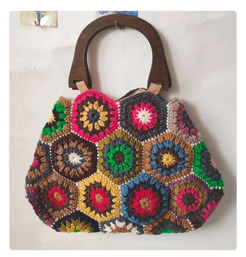 Bohemian Granny Square Crochet Tote Bag Handmade Knitted Shopper Handbag