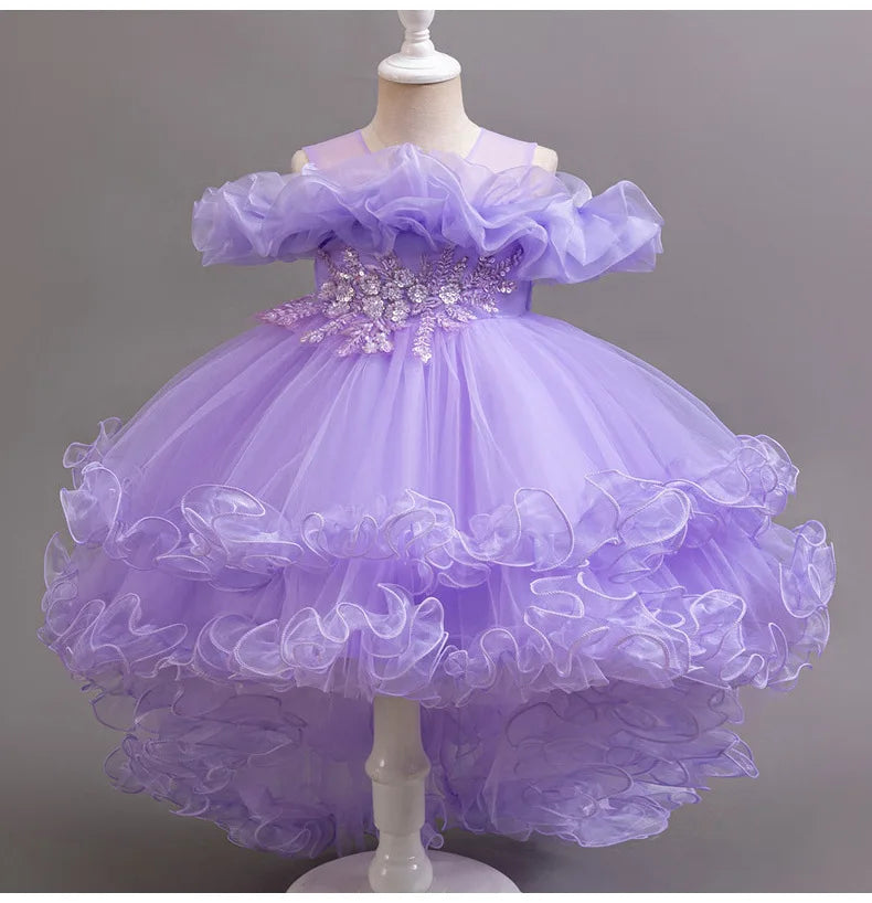 Luxury Off-Shoulder Girls' Dress - Convertible Tulle Ball Gown for Birthday Parties & On-Stage Events