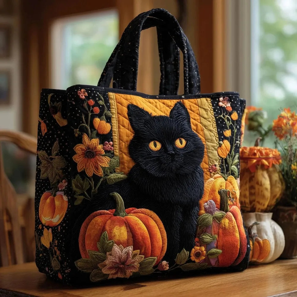 Cat Print Quilted Canvas Tote Bag Large Capacity Travel Shoulder Handbag