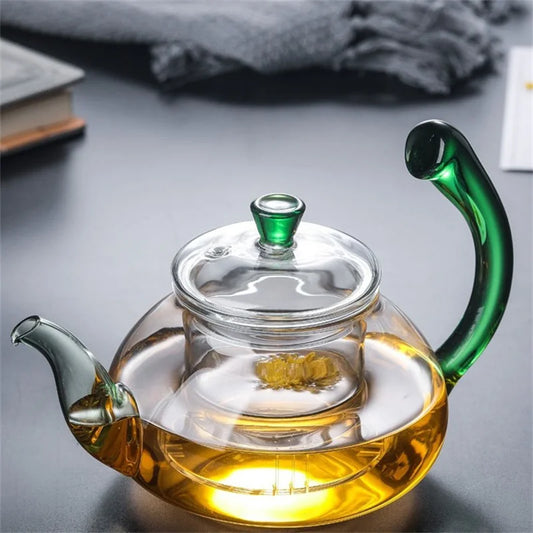 Heat Resistant Clear Glass Teapot with Infuser and Color Warped Handle