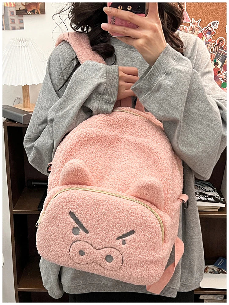 Cute Plush Pig Velvet Backpack Large Capacity Shoulder Bag