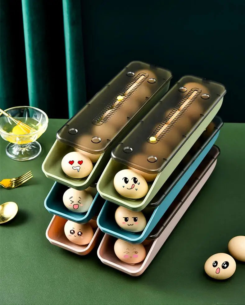 Automatic Rolling Egg Storage Box – Plastic Refrigerator Egg Holder Tray Kitchen Storage Container