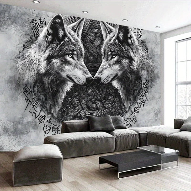 Dark Twin Wolf Totem Tapestry Mysterious Geometric Patterns Dark Style Bedroom Unique Living Room Feature Wall Decor