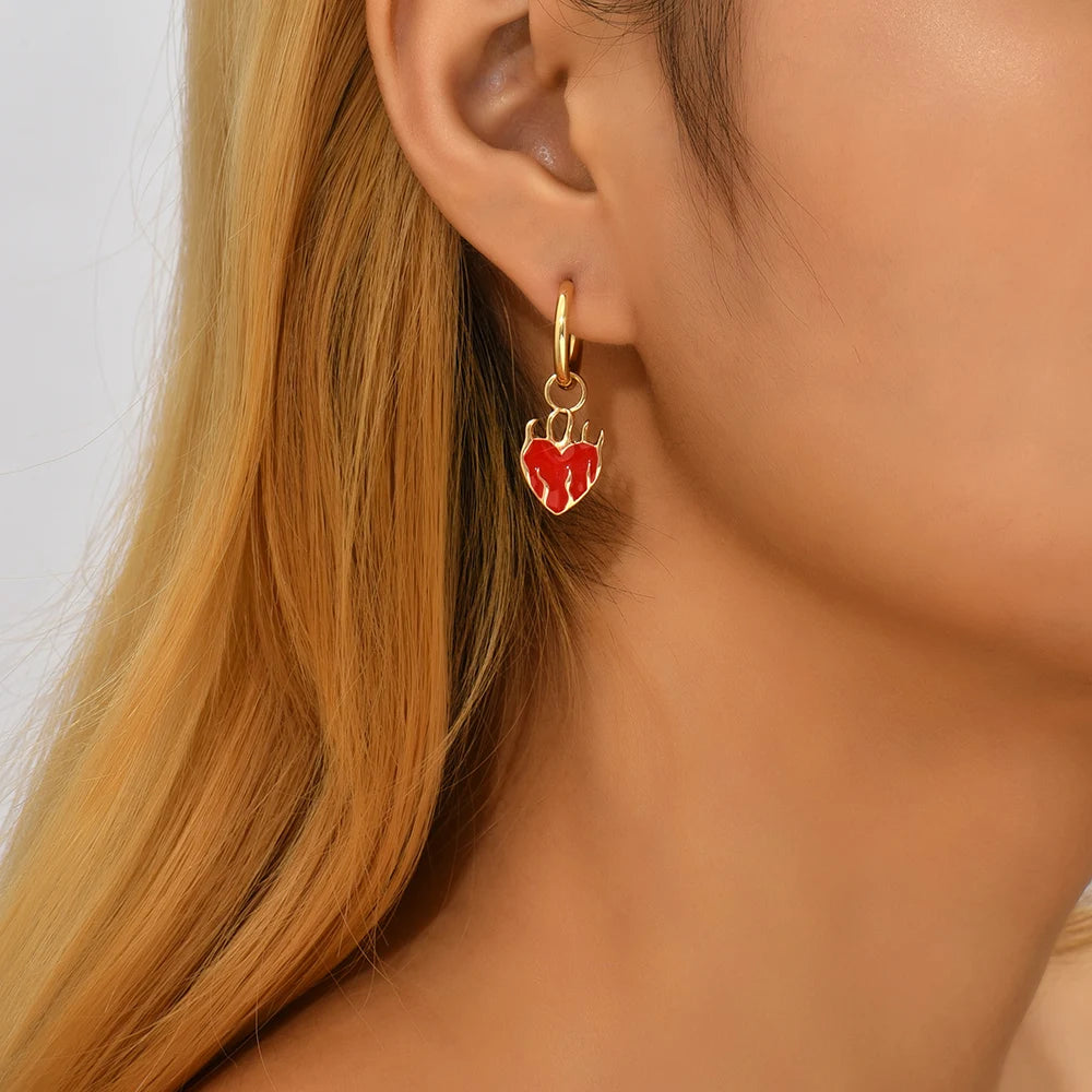 Hot Red Heart Pendant Charm Hoop Earrings