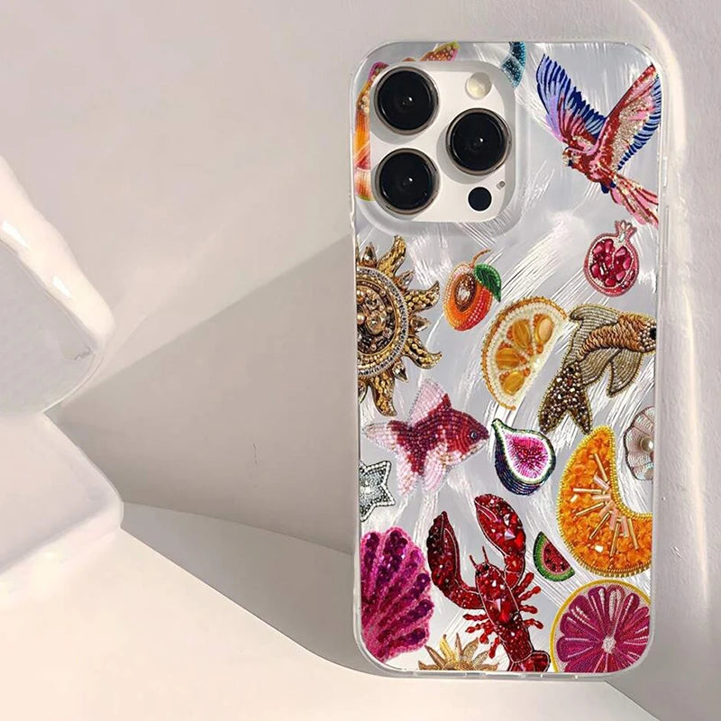 Ocean Elements Fruit Juice Pattern Phone Case For iPhone 16 15 14 Pro Max Shockproof Cover