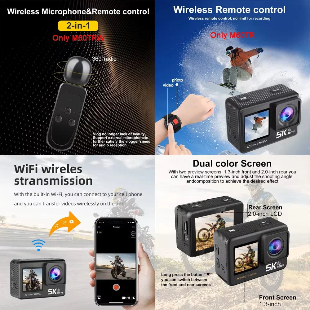 5K 4K60FPS Action Camera 50MP Dual Screen Touch Display WiFi EIS Waterproof Sports Camera with Wireless Microphone Support
