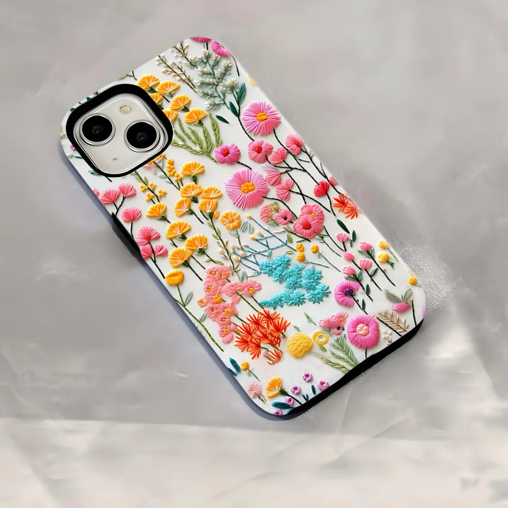 Wildflower Boho Embroidery Effect Flower Case for iPhone 16 15 Pro Max 14 Plus Protective 2 in 1 Double Deck Cover