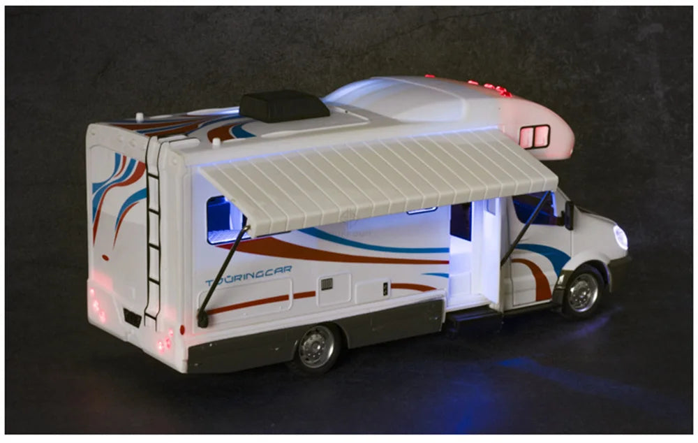 1:32 Alloy Diecast Touring Car Model Toys 3 Doors Opened Sound Light Campervan RV Trailer Vehicles s Toy Gift Collection