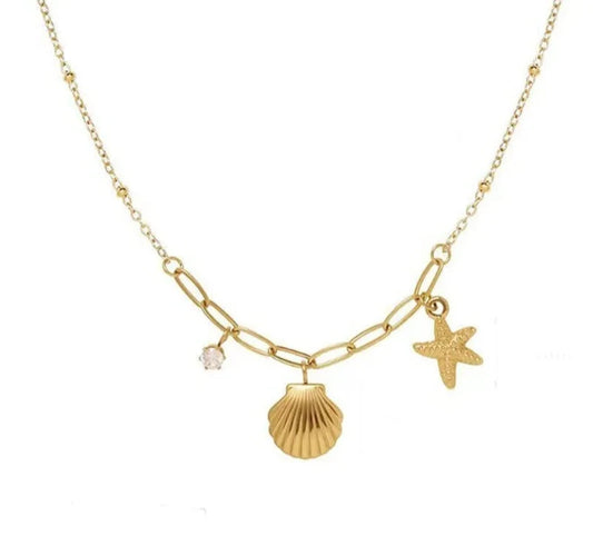 Exquisite Ocean Shell Starfish Pendant Necklace For Women Girls 18K Gold Plated Stainless Steel Choker Chain 45 cm