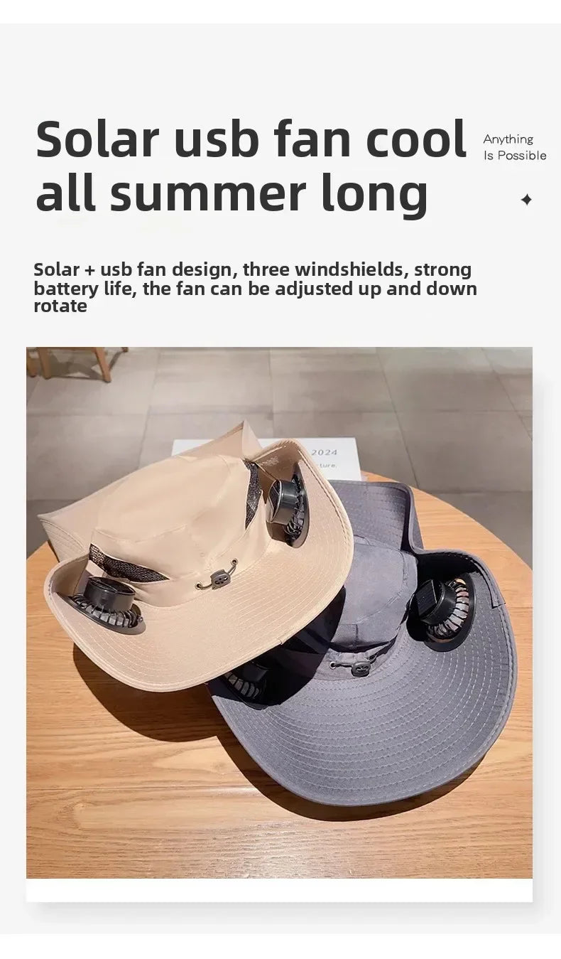 Wide Brim Fishing Hat With Dual Solar Fans