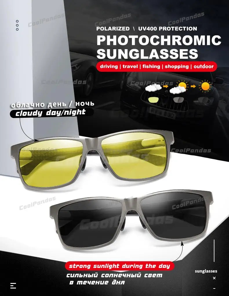 Carbon Fiber Square Photochromic Polarized UV400 Day Night Driving Sunglasses for Men Women