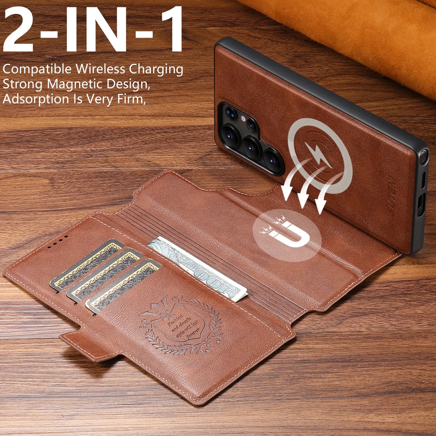 Magnetic Flip Wallet Case with Card Holder & Stand for Samsung Galaxy S26 Ultra / S25 / S24 / S23 – Faux Leather Wireless Charging Cover