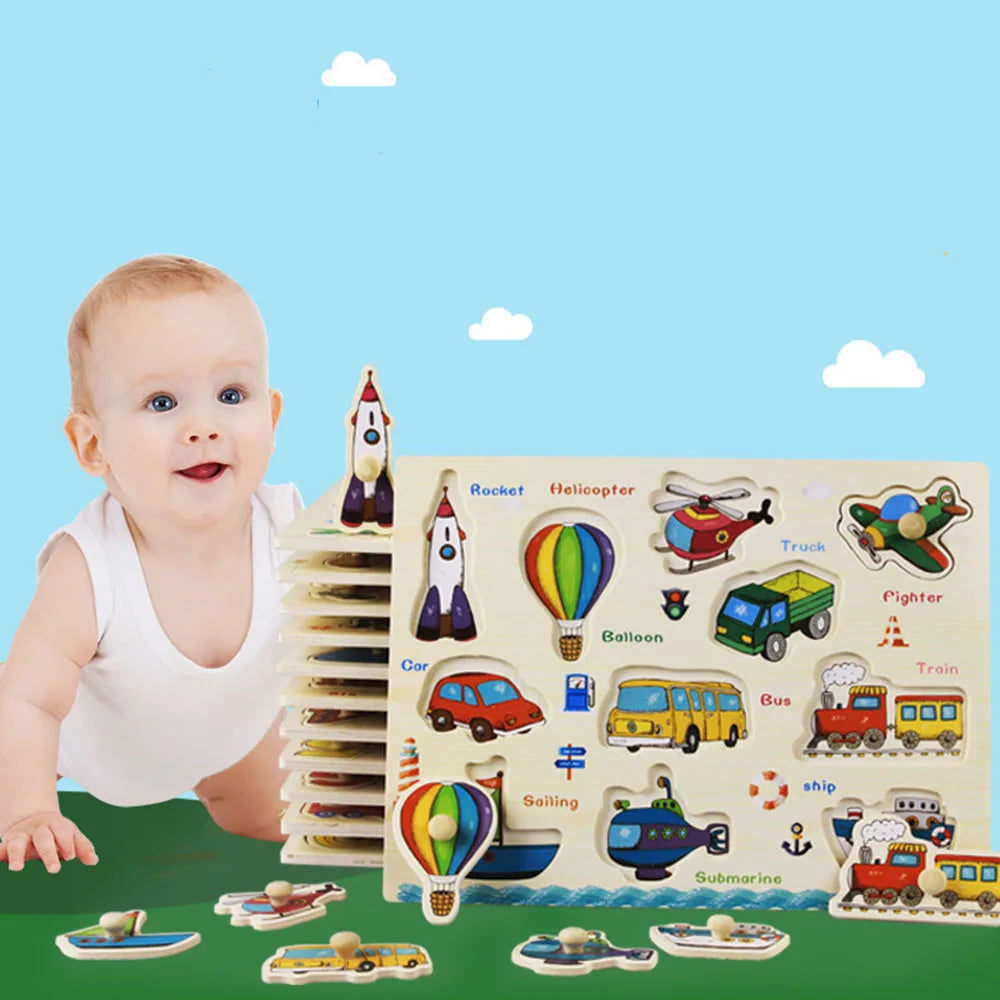 Montessori Wooden Puzzles Hand Grab Boards Toys Tangram Jigsaw  Educational Toys Cartoon Vehicle Animals Fruits 3D Puzzles