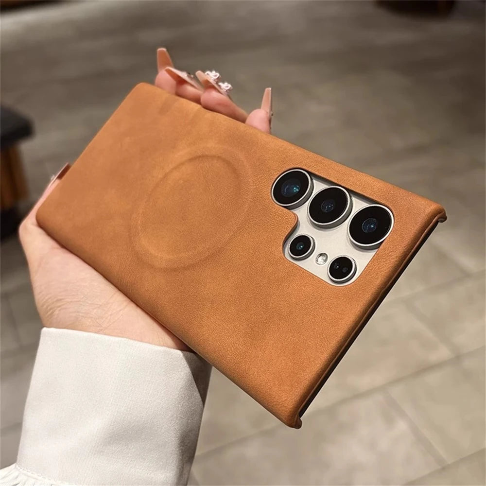 Luxury Leather  For MagSafe Wireless Charging Phone Case For Samsung S23 S24 S25 Ultra Lambskin Solid Color Hard Cover