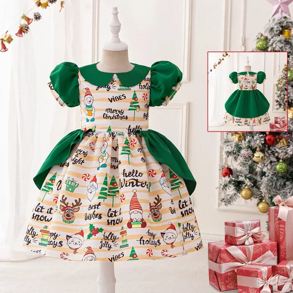 Girls Elegant Dresses Santa Claus Snowflake Print Child Christmas Costume Red Green Kids Princess Dress Party Evening Clothing